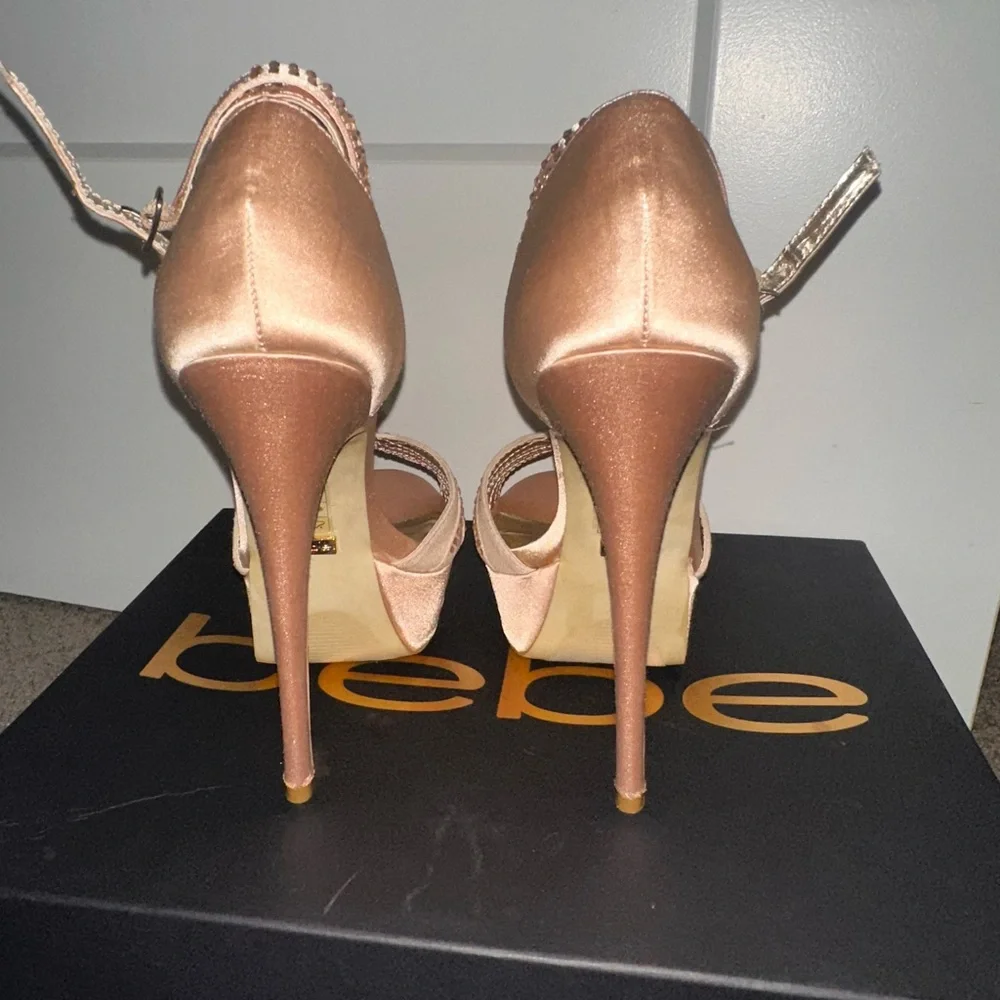 bebe Blush Pink Platform Peep-Toe Ankle Strap Heels